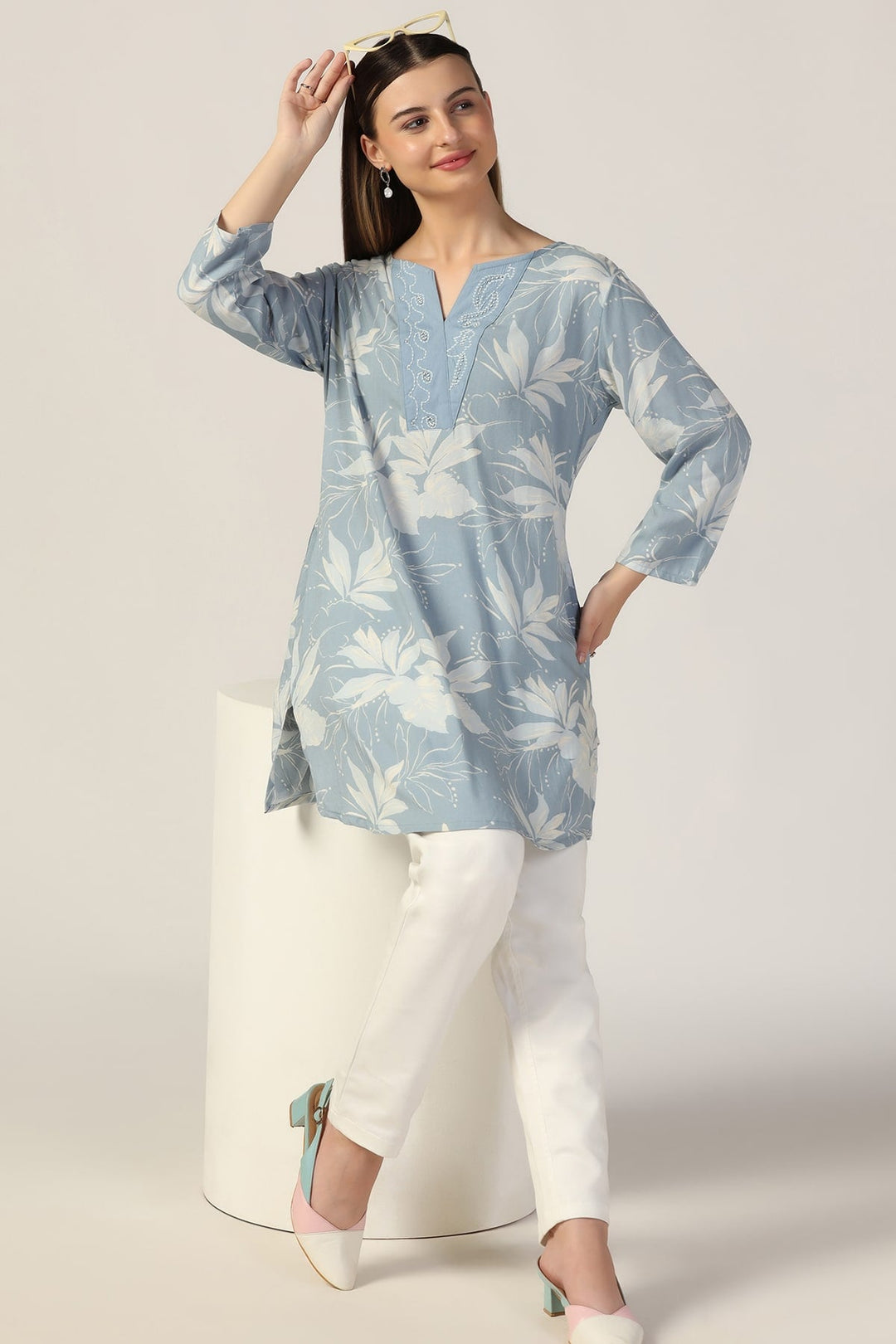 Powder Blue Embroidered Casual Top