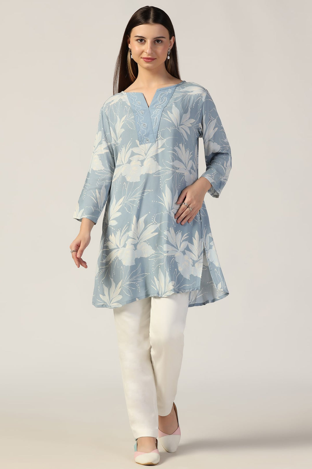 Powder Blue Embroidered Casual Top