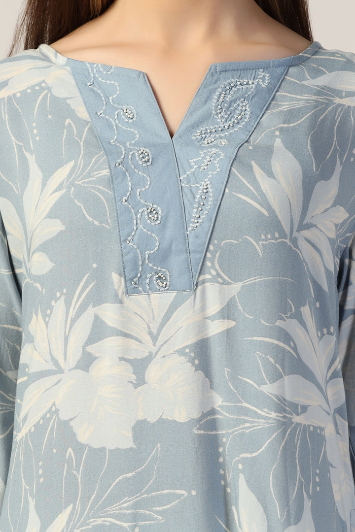 Powder Blue Embroidered Casual Top