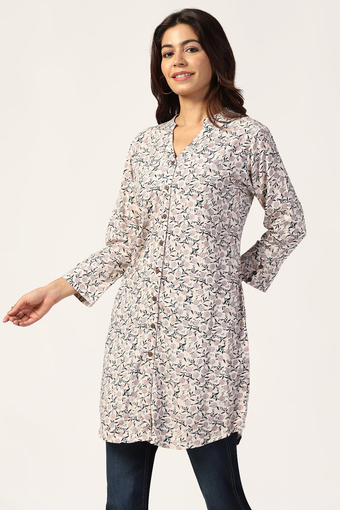 Lavender Rayon Tunic with Mandarin Collar