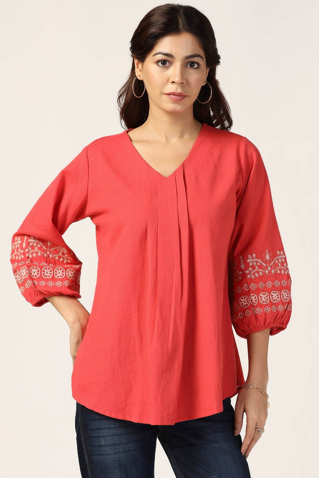 Coral Embroidered Viscose Linen Top
