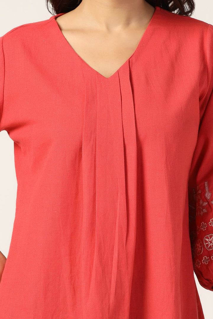 Coral Embroidered Viscose Linen Top