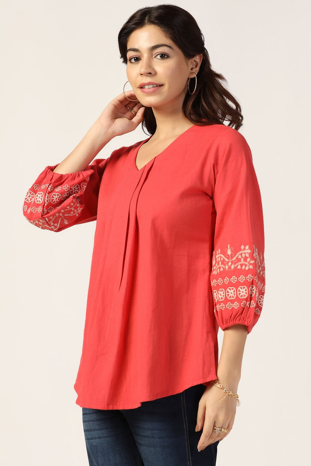 Coral Embroidered Viscose Linen Top