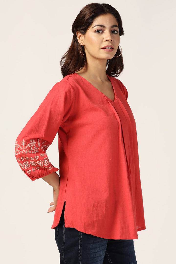 Coral Embroidered Viscose Linen Top