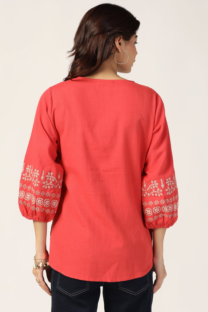 Coral Embroidered Viscose Linen Top