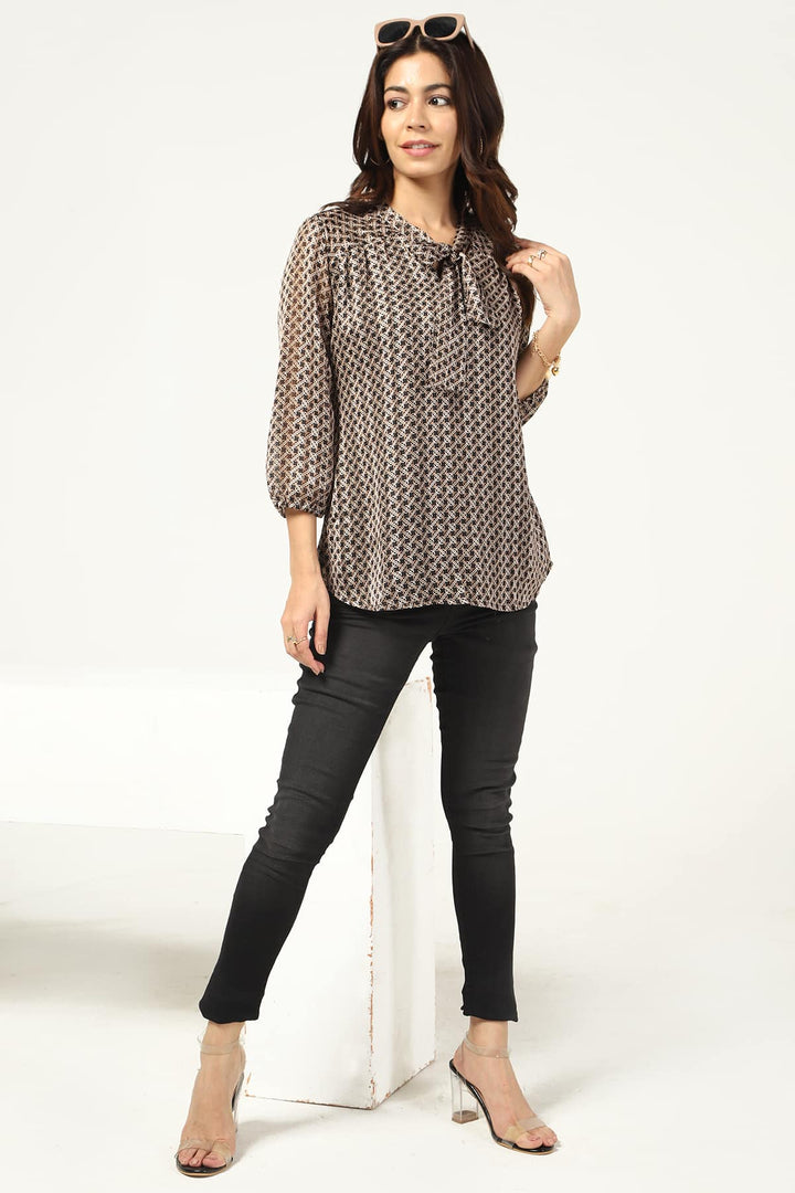 Black Georgette Printed Top with String Tie Neck