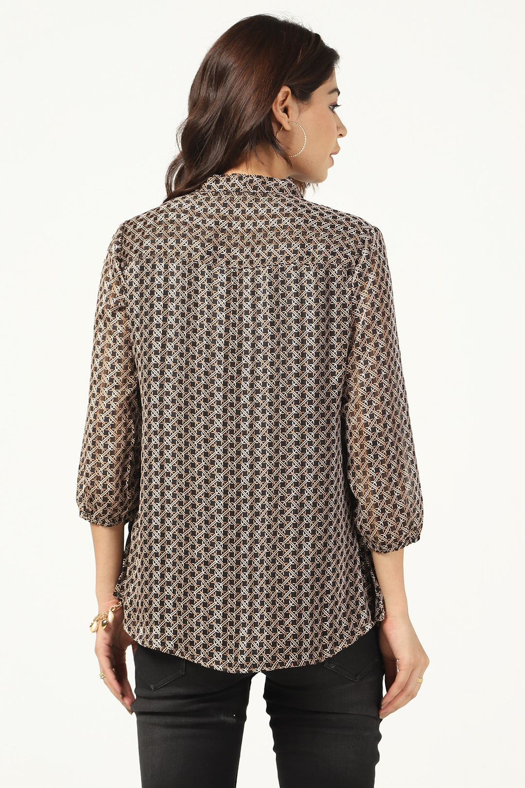 Black Georgette Printed Top with String Tie Neck