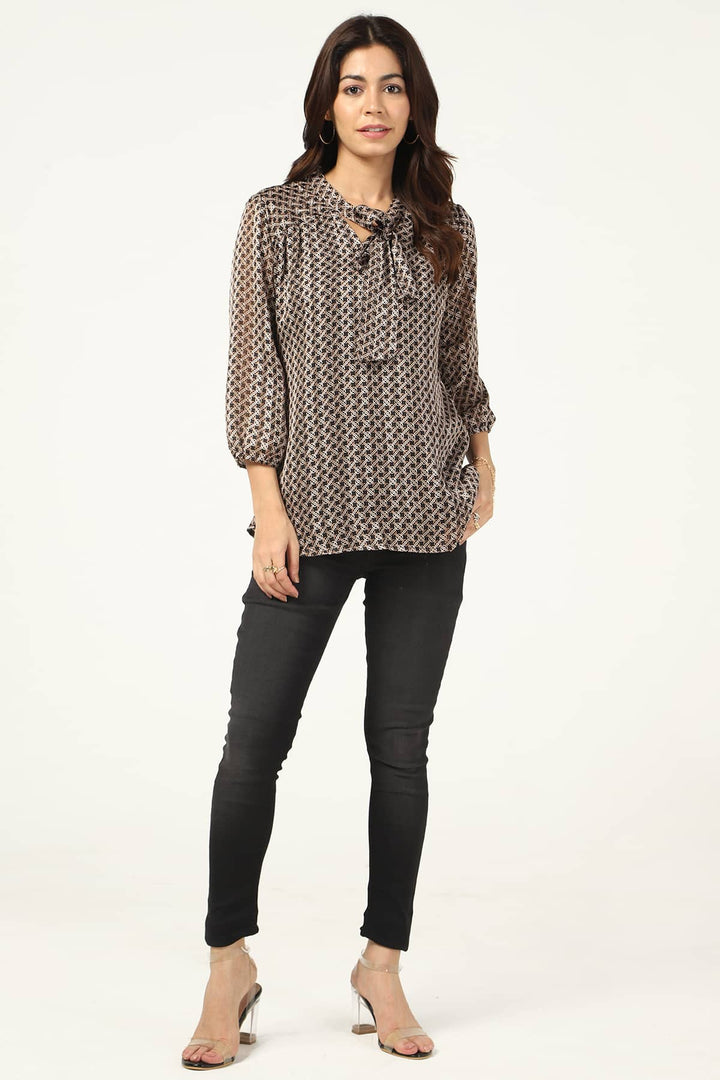Black Georgette Printed Top with String Tie Neck
