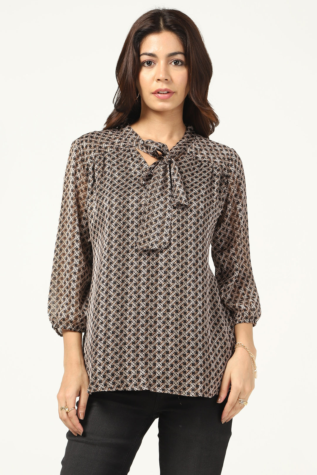 Black Georgette Printed Top with String Tie Neck