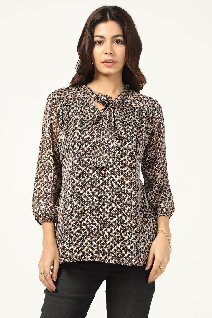 Black Georgette Printed Top with String Tie Neck