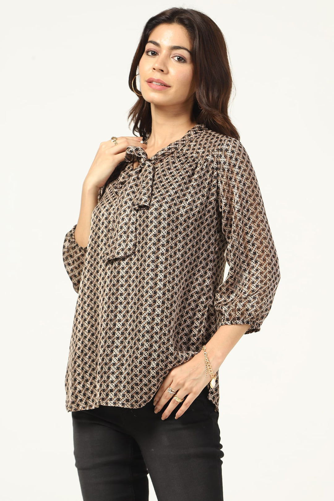 Black Georgette Printed Top with String Tie Neck