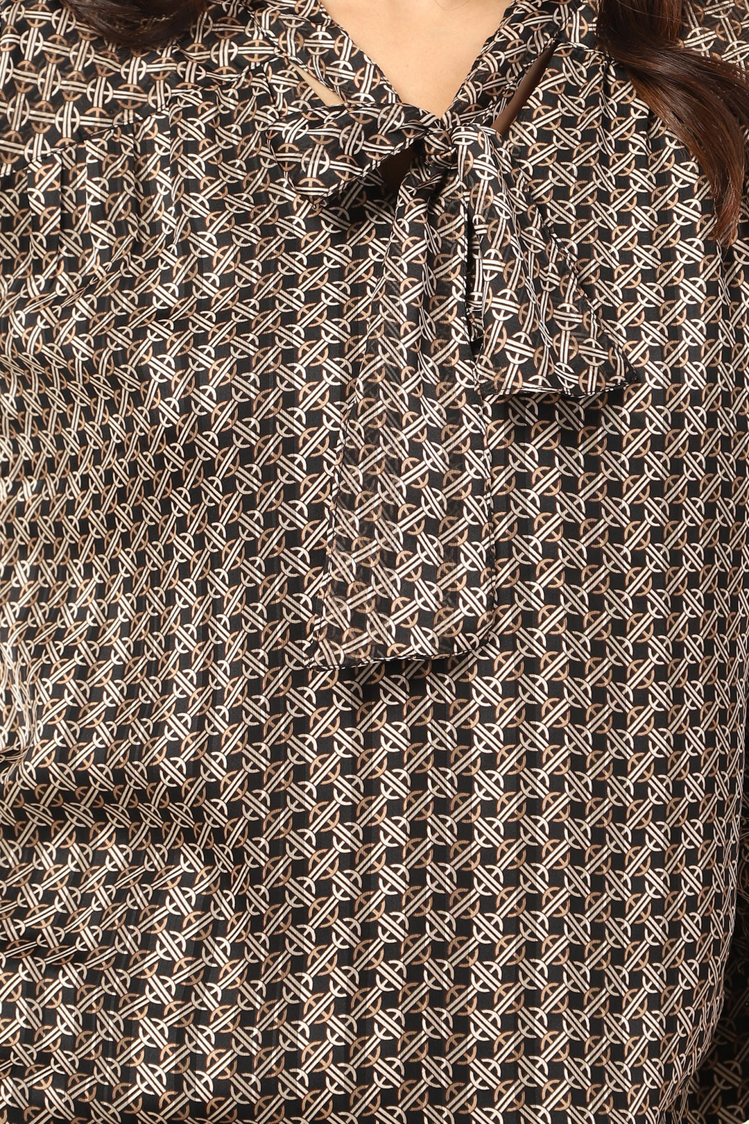 Black Georgette Printed Top with String Tie Neck