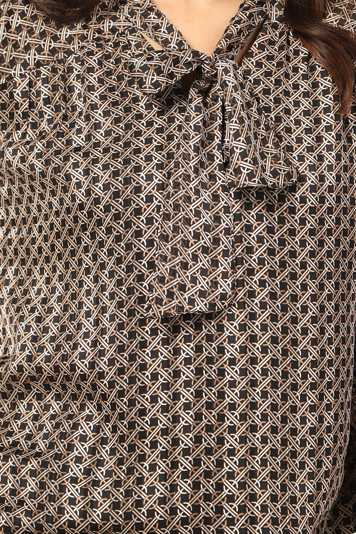 Black Georgette Printed Top with String Tie Neck
