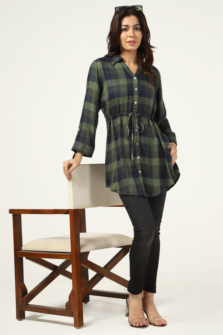 Green &amp; Blue Twill Check Collared Neck