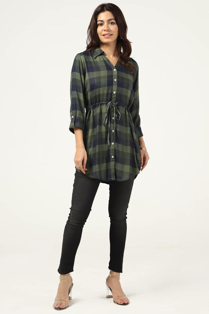 Green &amp; Blue Twill Check Collared Neck