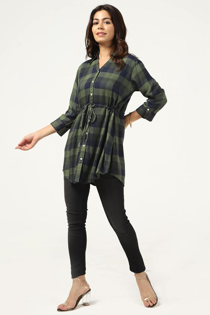 Green &amp; Blue Twill Check Collared Neck