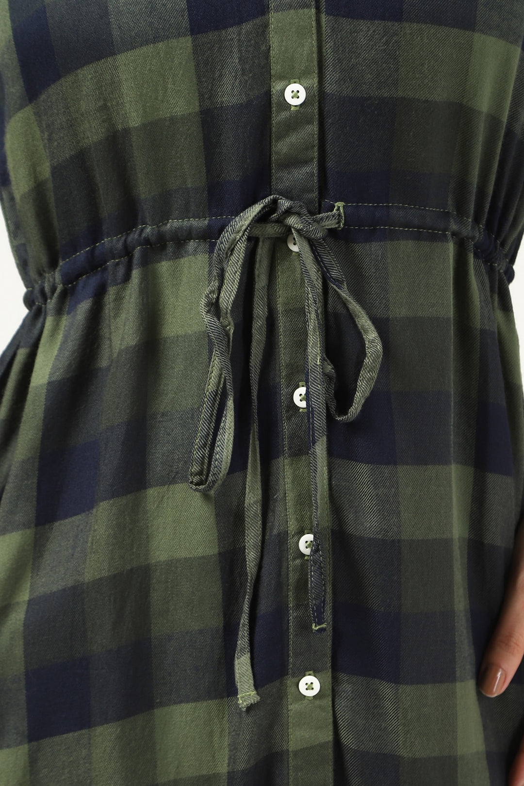 Green &amp; Blue Twill Check Collared Neck