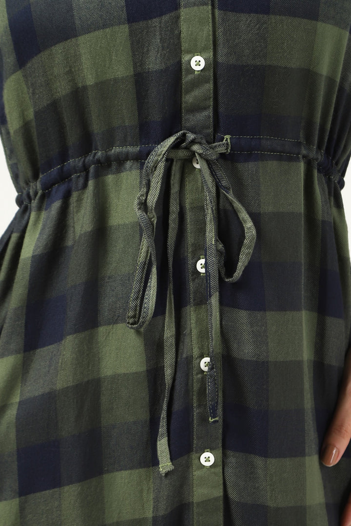 Green &amp; Blue Twill Check Collared Neck