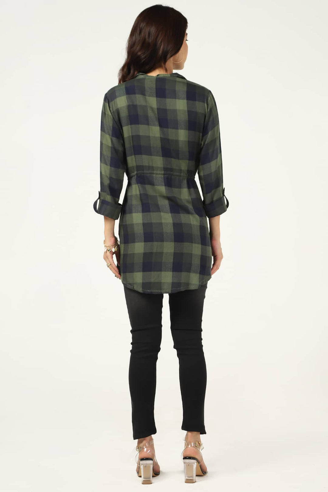 Green &amp; Blue Twill Check Collared Neck