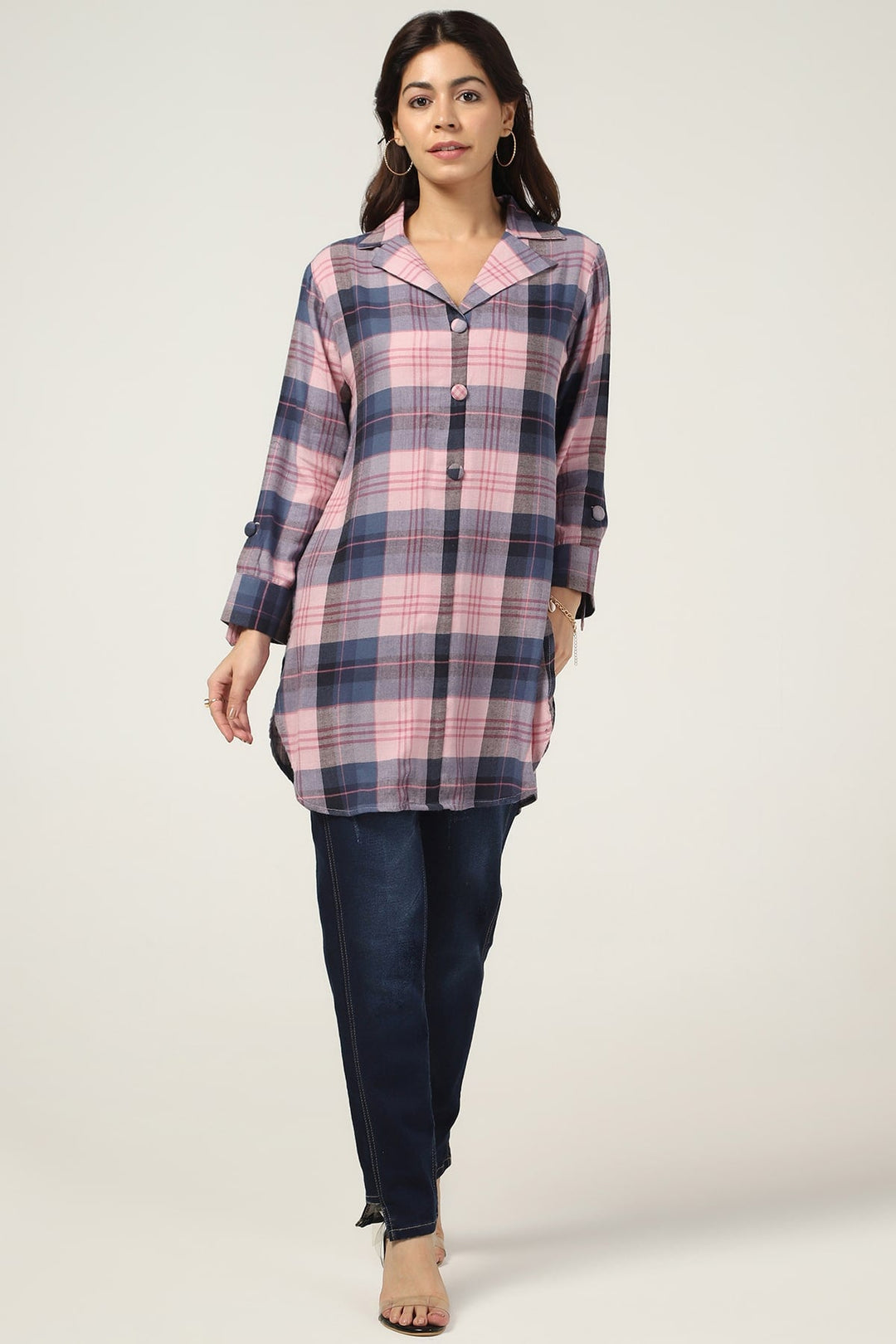 Pink Checked Twill Tunic with Lapel Collar