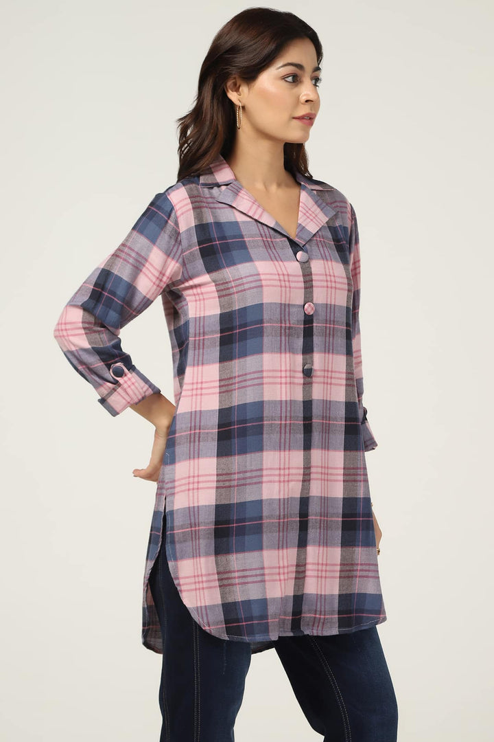 Pink Checked Twill Tunic with Lapel Collar
