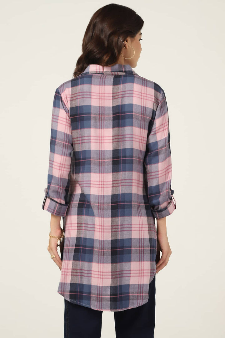 Pink Checked Twill Tunic with Lapel Collar