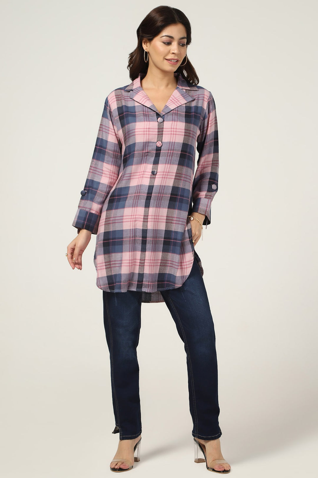 Pink Checked Twill Tunic with Lapel Collar