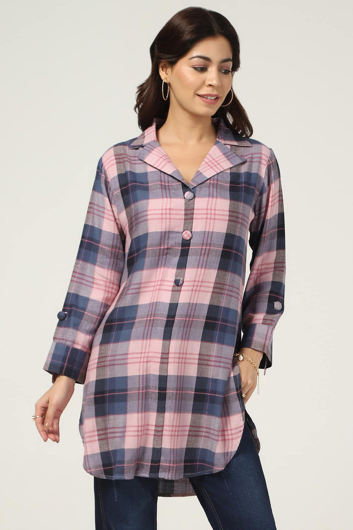 Pink Checked Twill Tunic with Lapel Collar