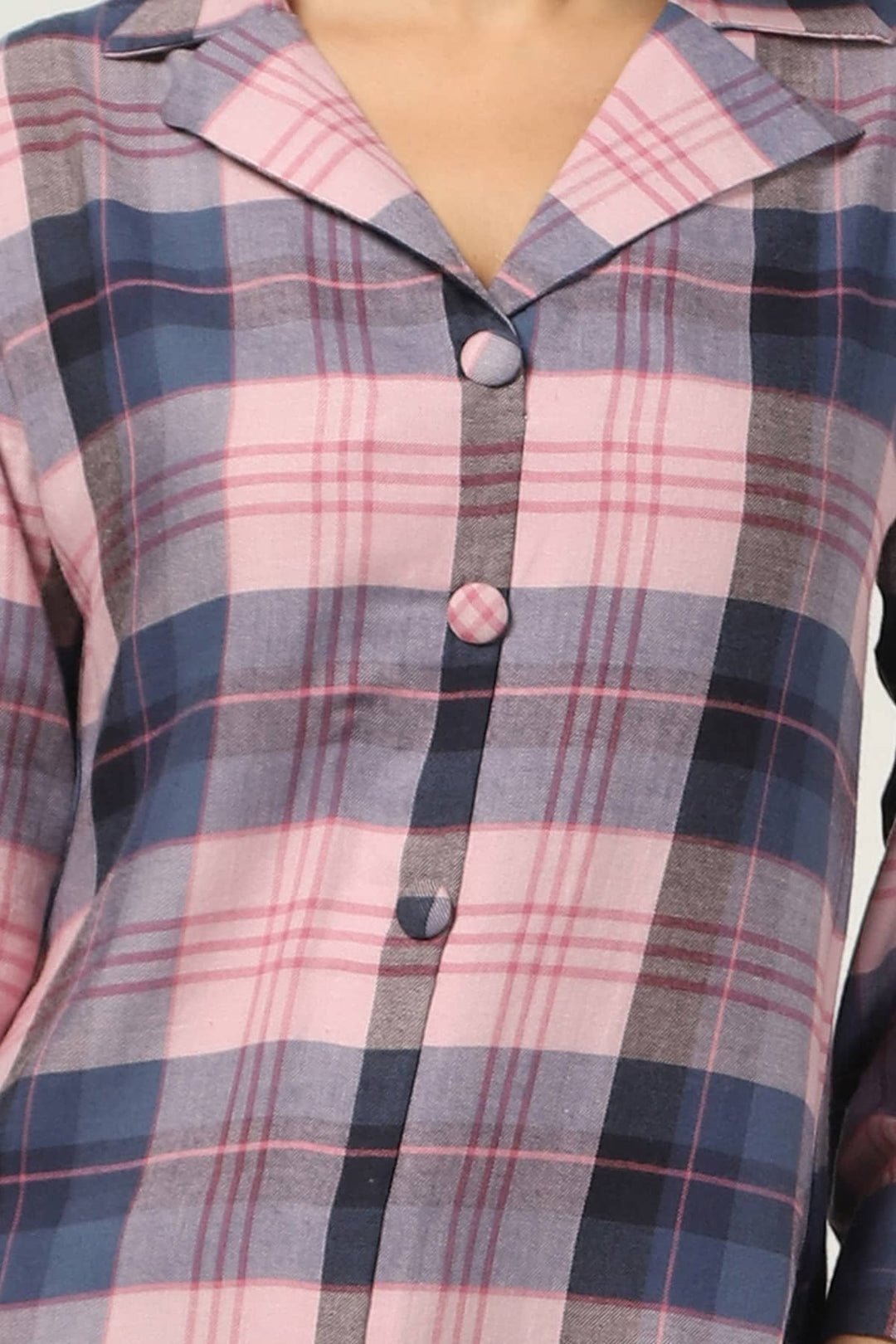 Pink Checked Twill Tunic with Lapel Collar