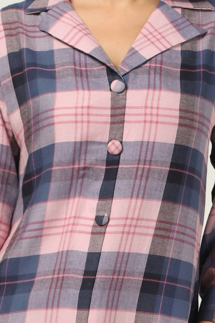 Pink Checked Twill Tunic with Lapel Collar