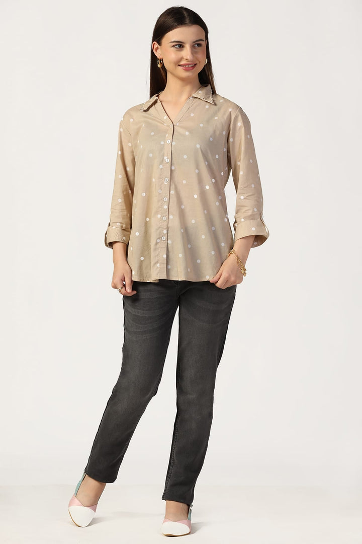Beige Cotton Polka Dot Shirt