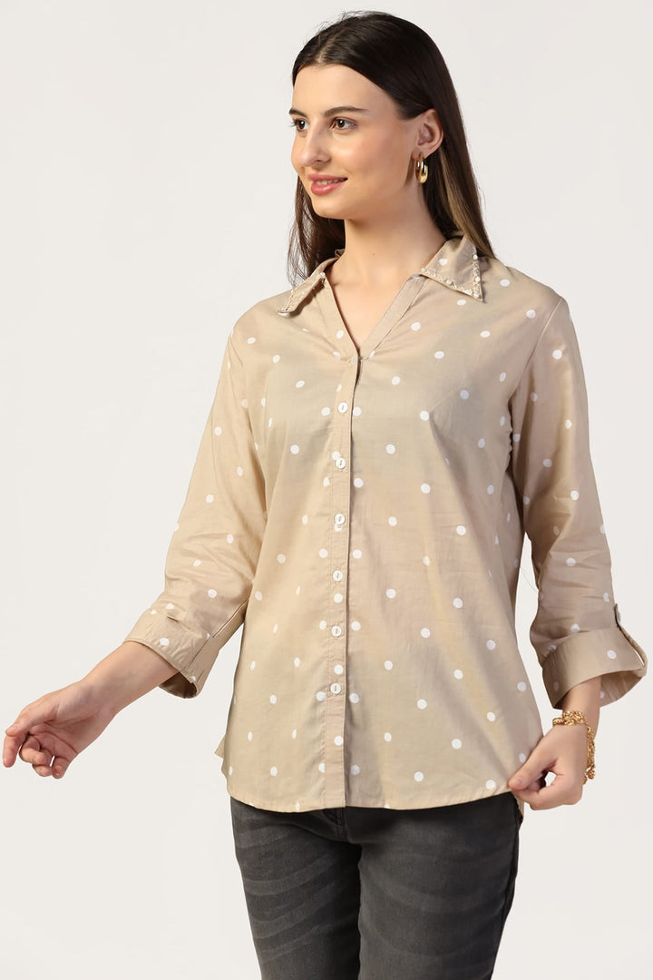 Beige Cotton Polka Dot Shirt
