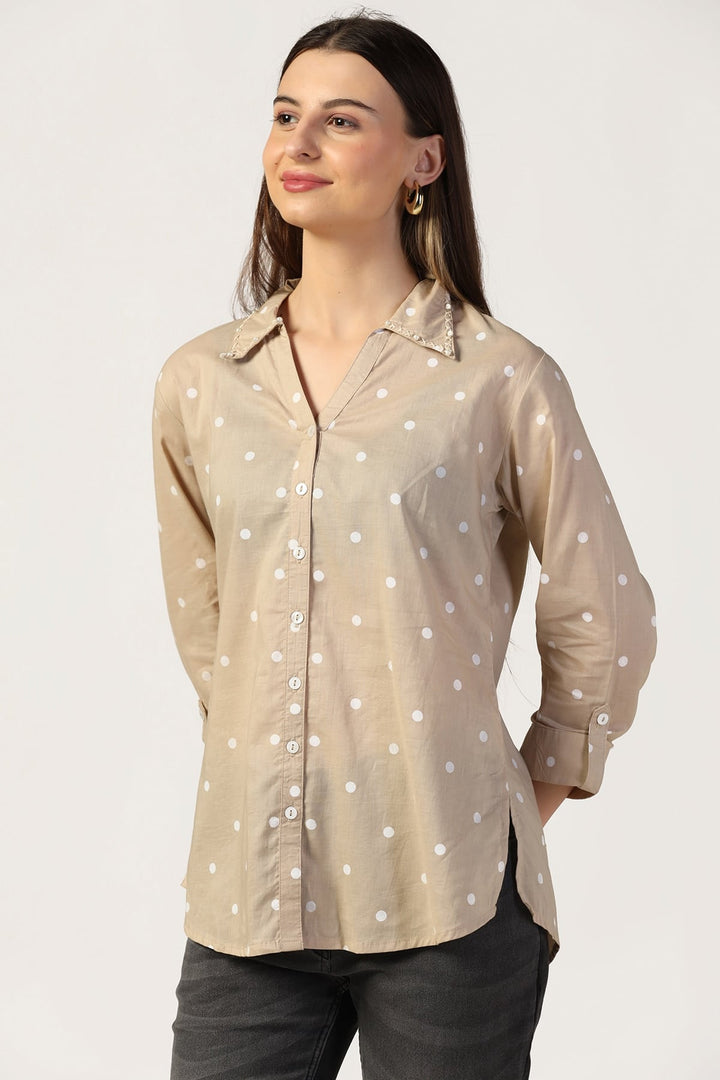 Beige Cotton Polka Dot Shirt