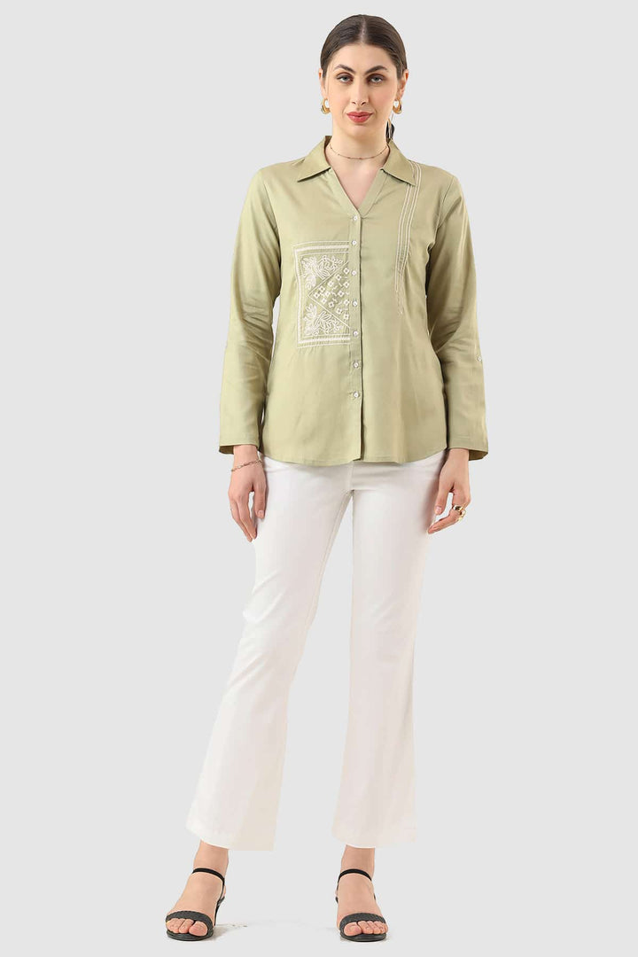 Sage Green Embroidered Tencel Twill Shirt