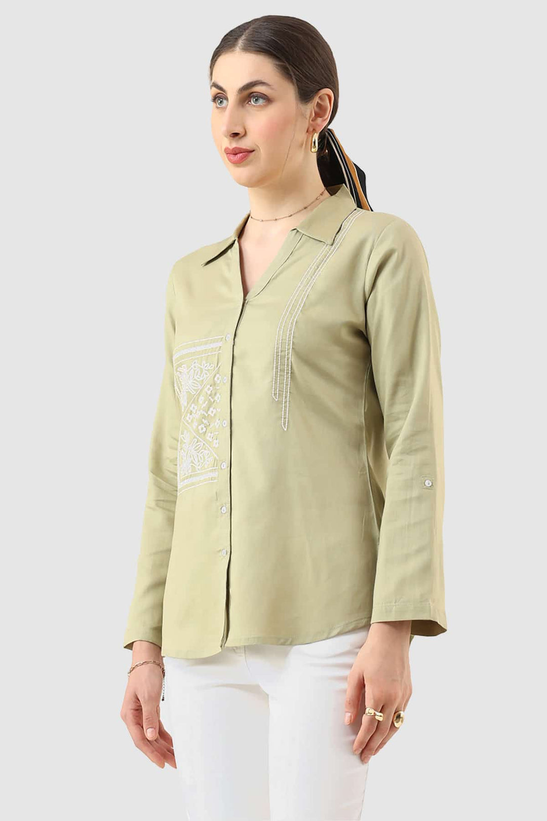 Sage Green Embroidered Tencel Twill Shirt