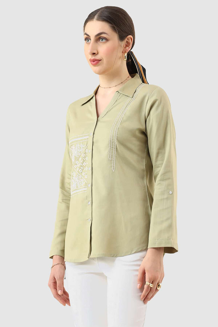 Sage Green Embroidered Tencel Twill Shirt