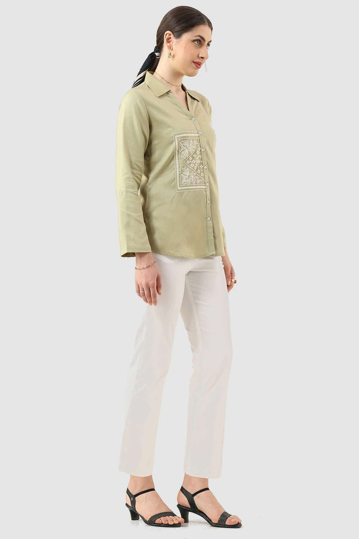 Sage Green Embroidered Tencel Twill Shirt
