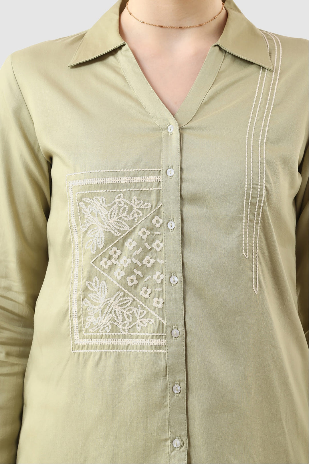 Sage Green Embroidered Tencel Twill Shirt