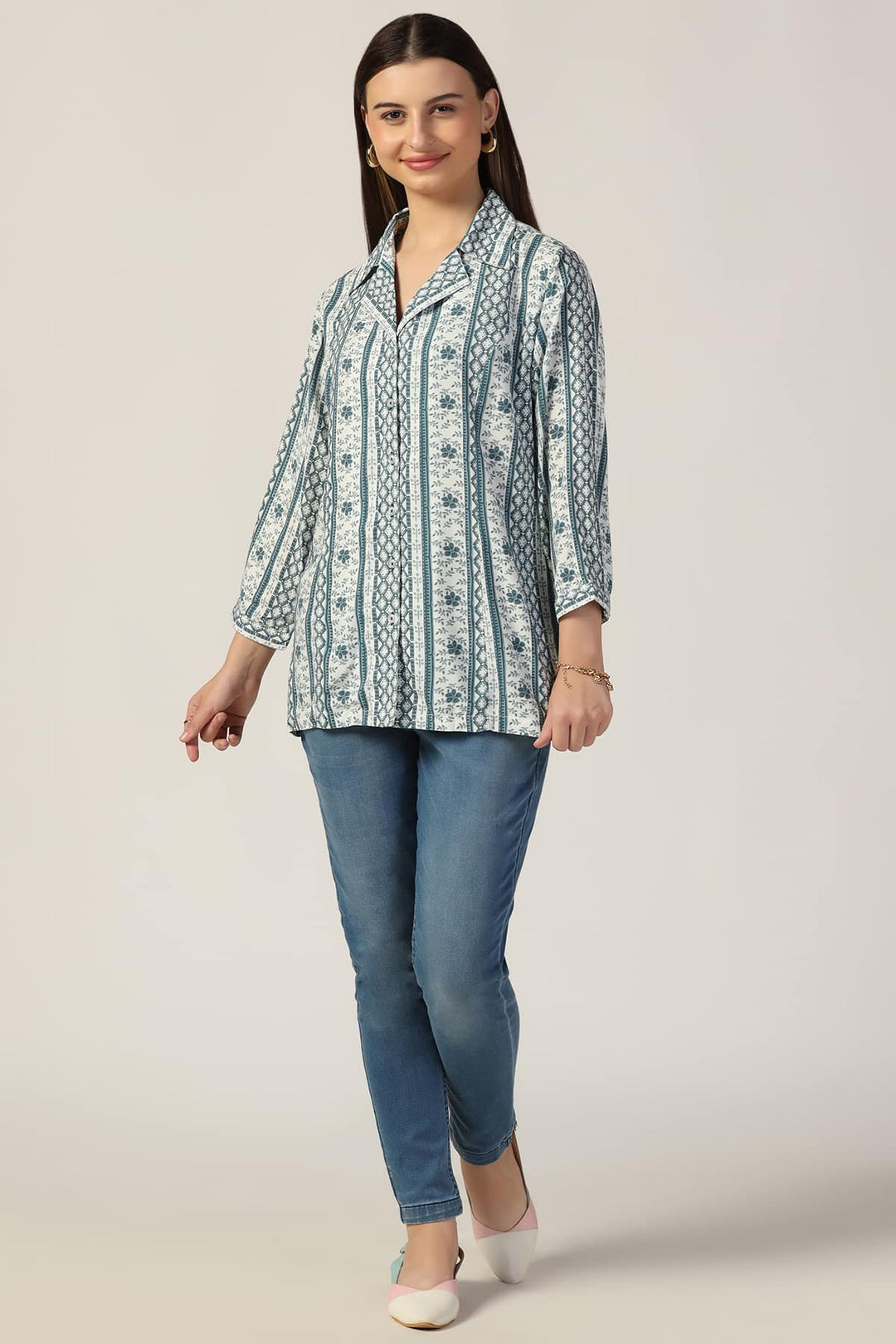 Grey Printed Shirt with Lapel Collar