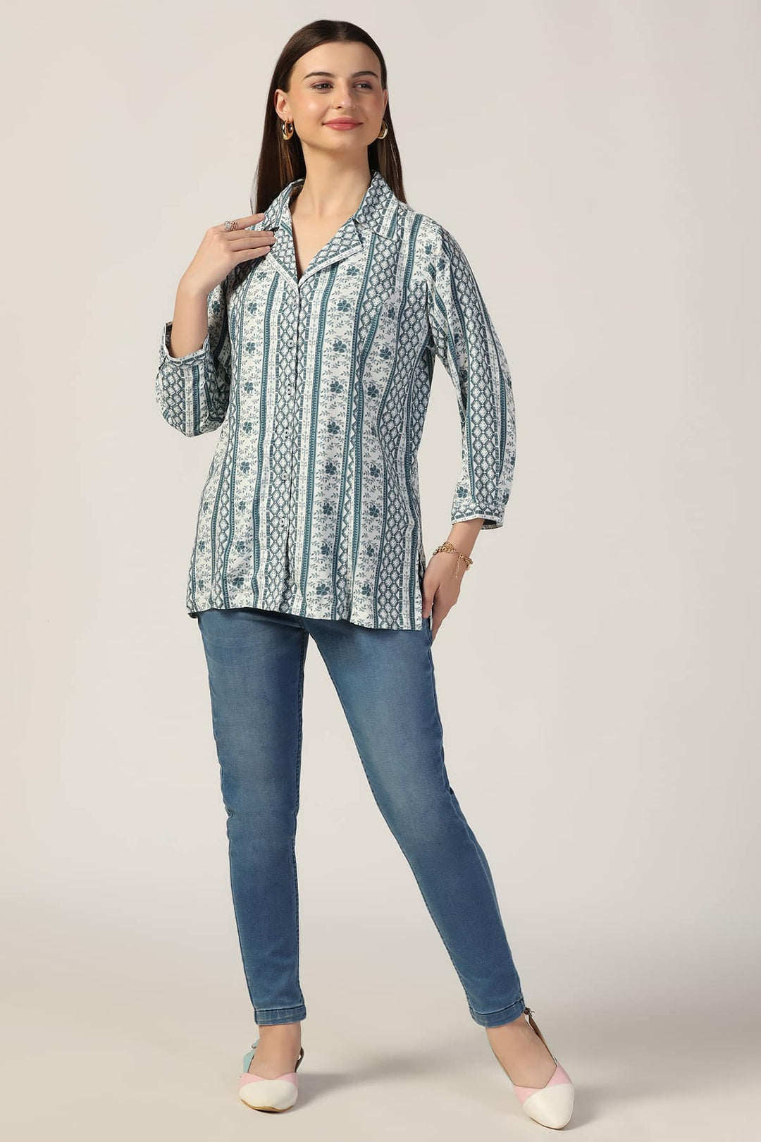 Grey Printed Shirt with Lapel Collar