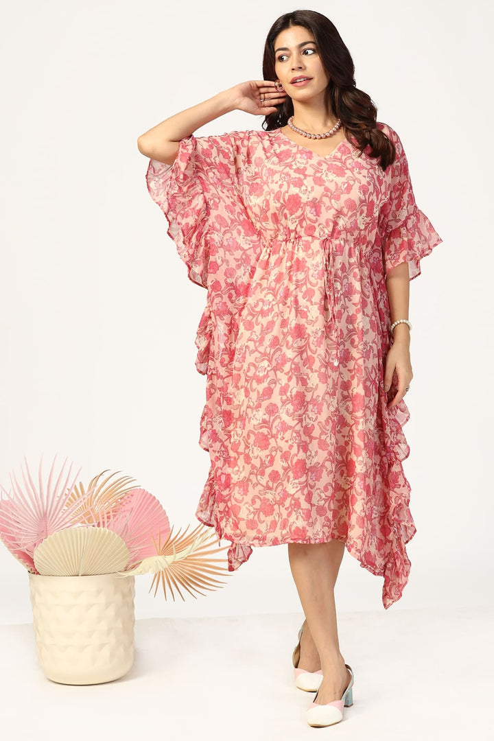 Peach &amp; Pink Printed Chiffon Kaftan
