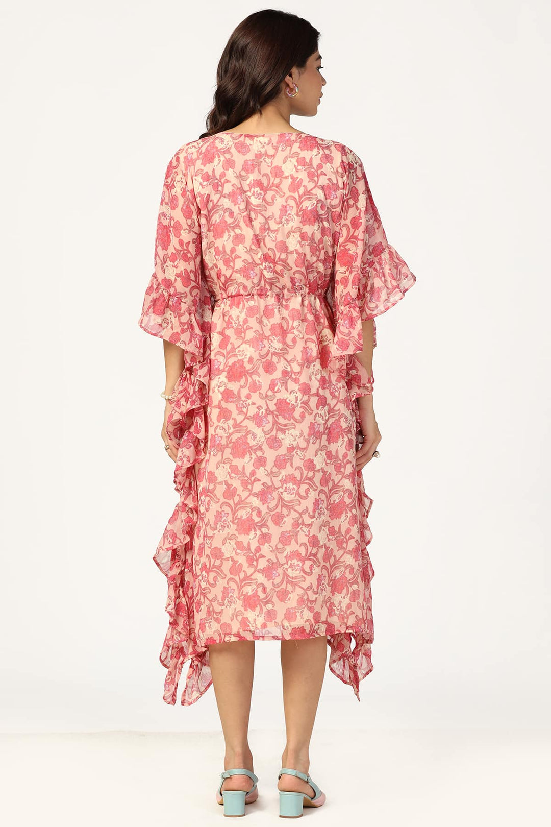 Peach &amp; Pink Printed Chiffon Kaftan