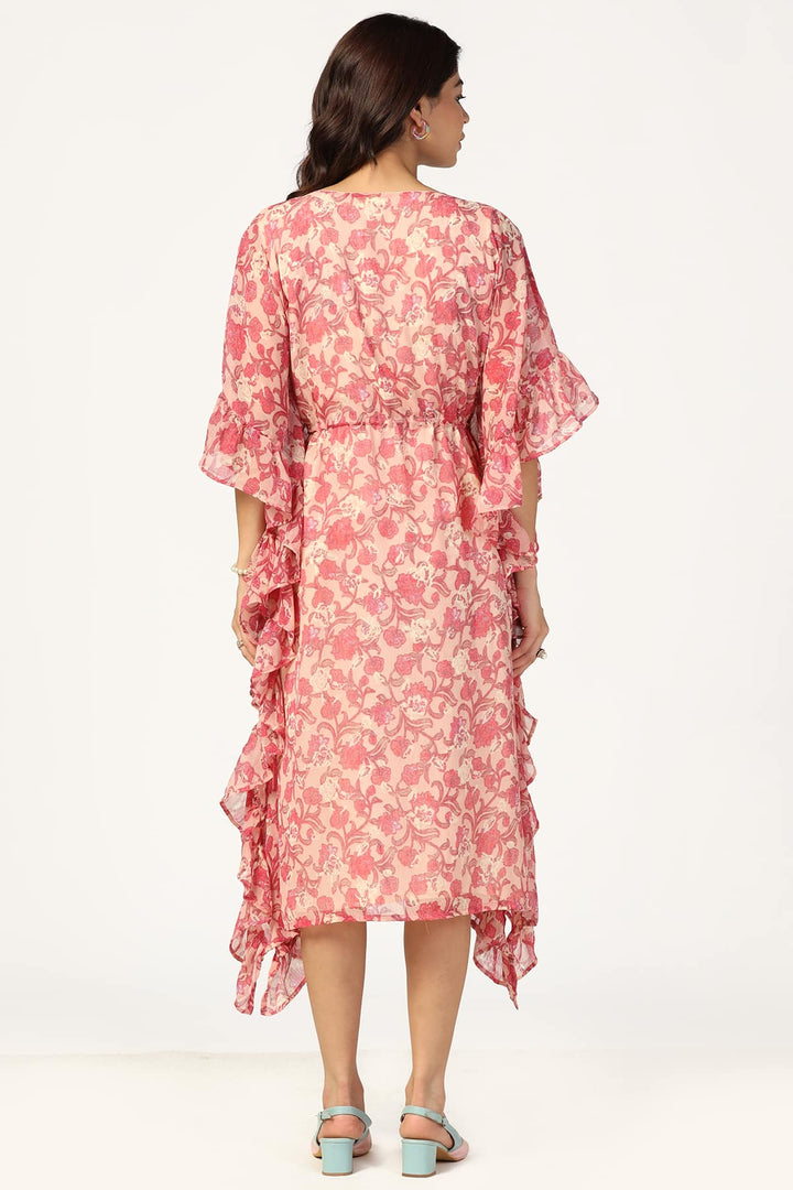 Peach &amp; Pink Printed Chiffon Kaftan