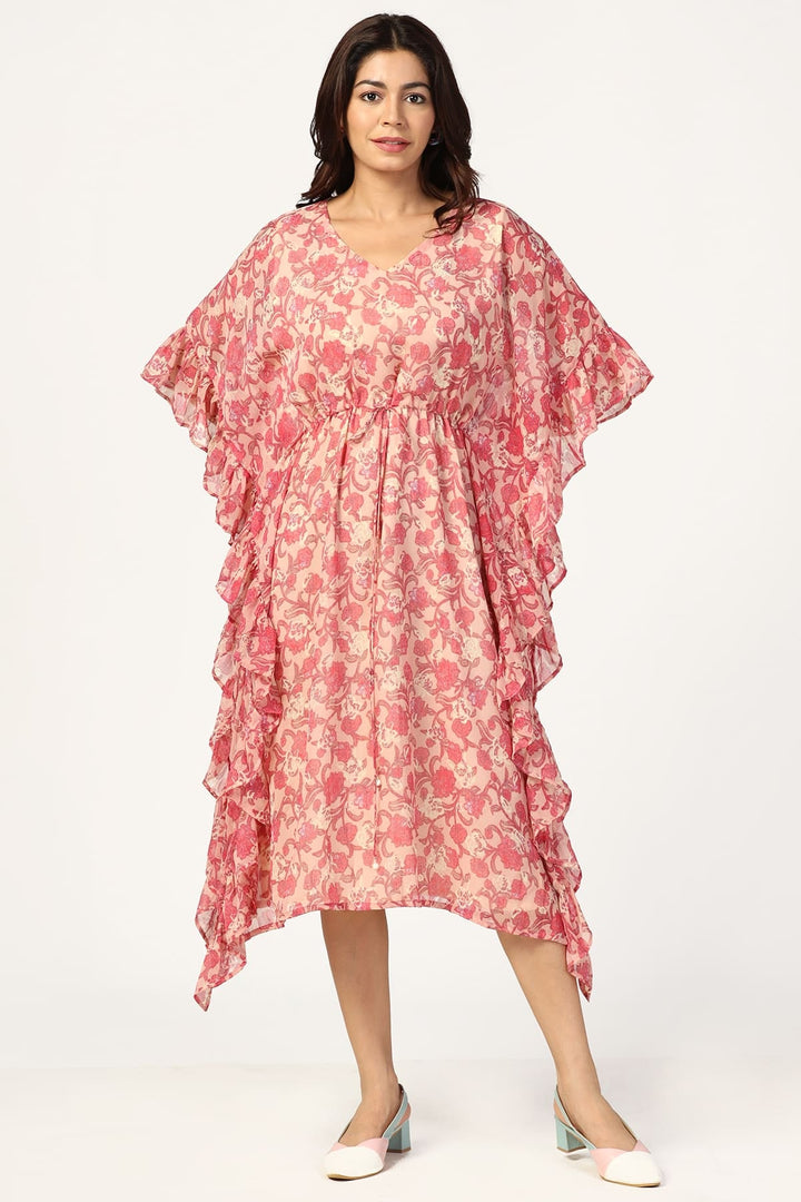 Peach &amp; Pink Printed Chiffon Kaftan
