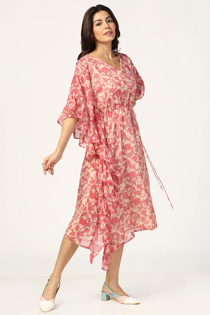 Peach &amp; Pink Printed Chiffon Kaftan