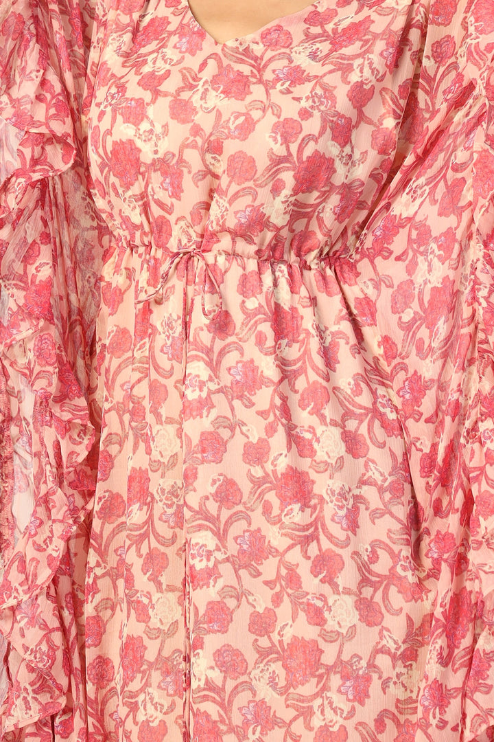 Peach &amp; Pink Printed Chiffon Kaftan