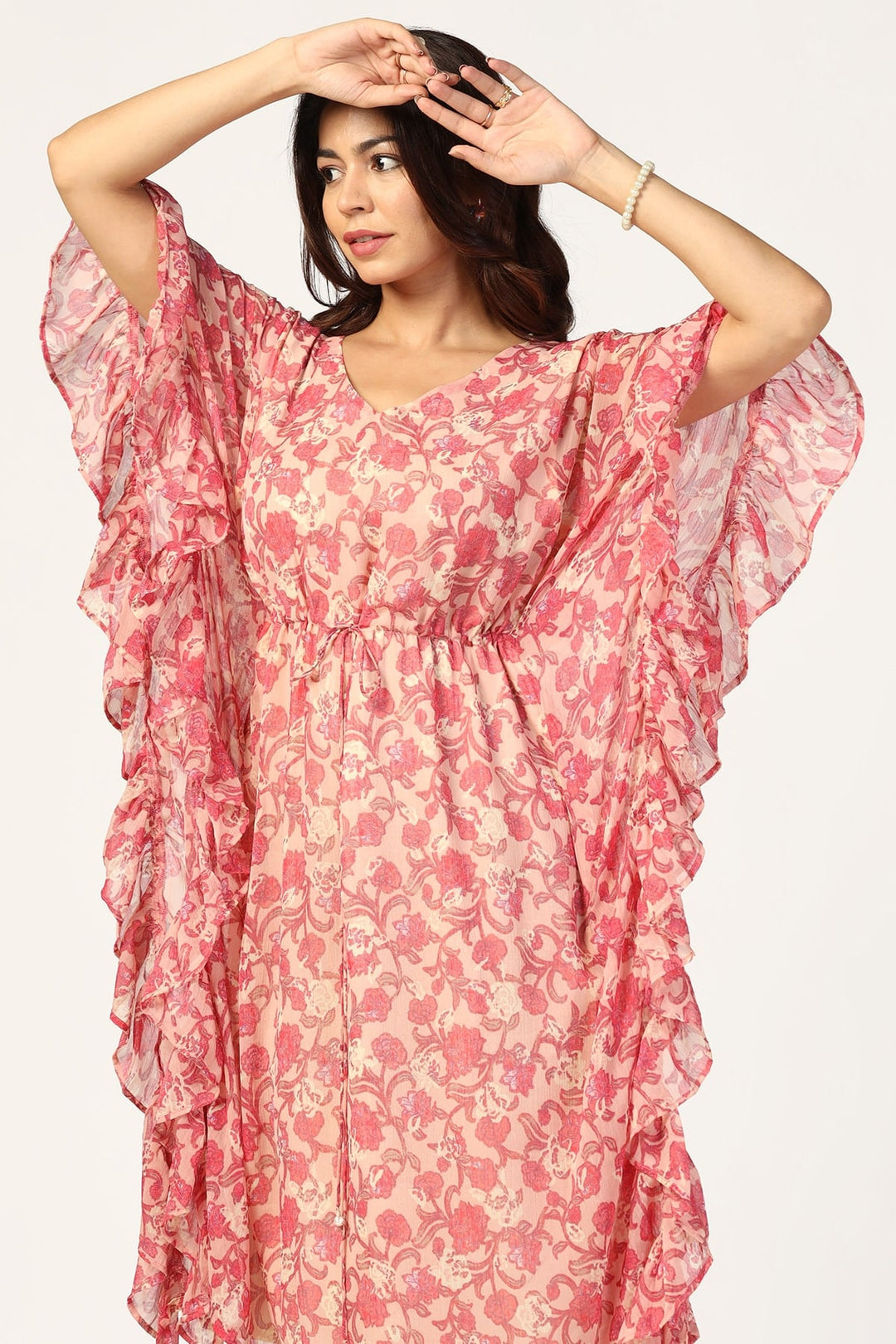 Peach &amp; Pink Printed Chiffon Kaftan