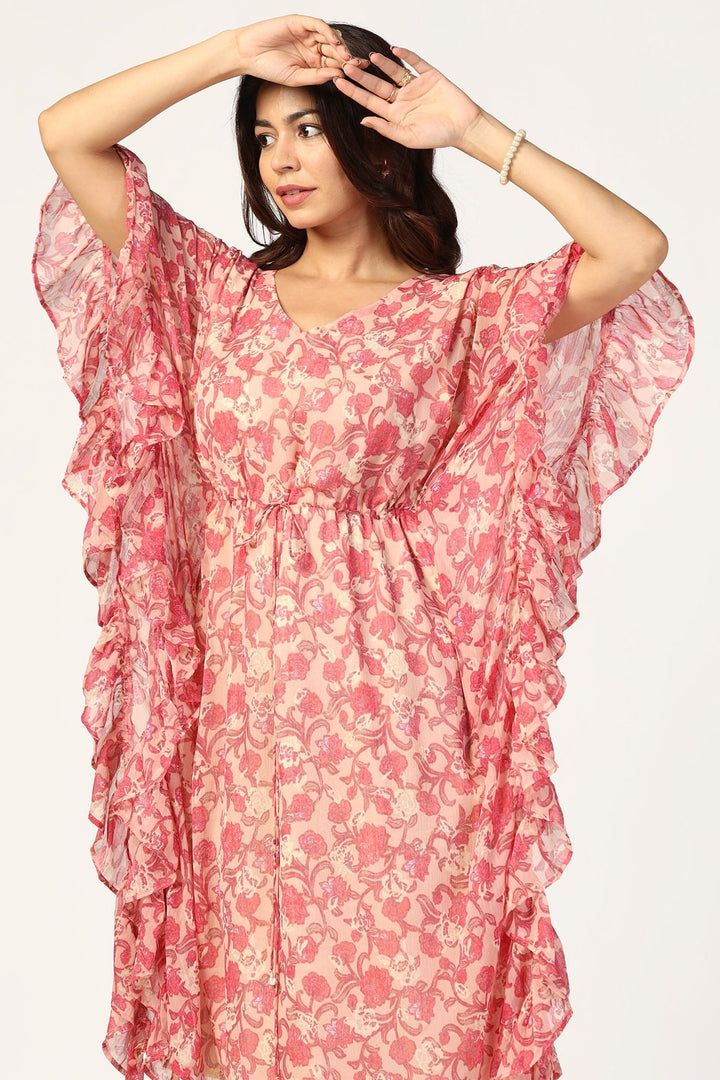 Peach &amp; Pink Printed Chiffon Kaftan
