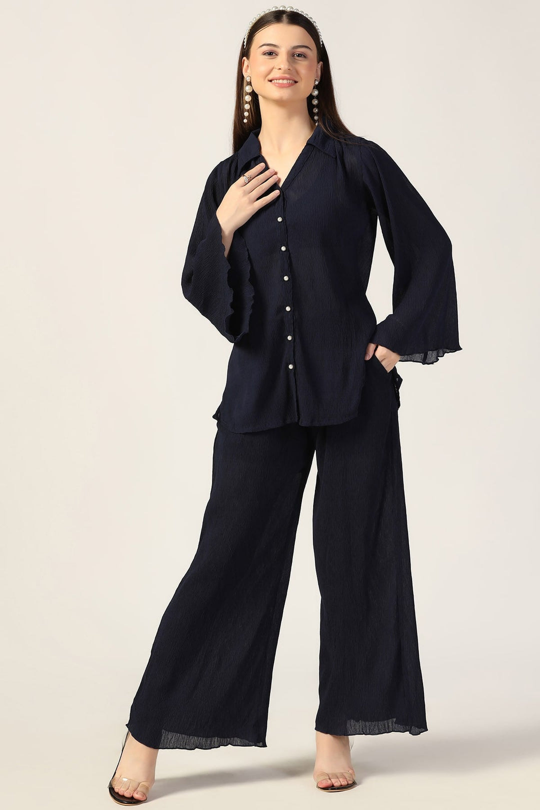Blue Pleated Georgette Co-Ord Pants