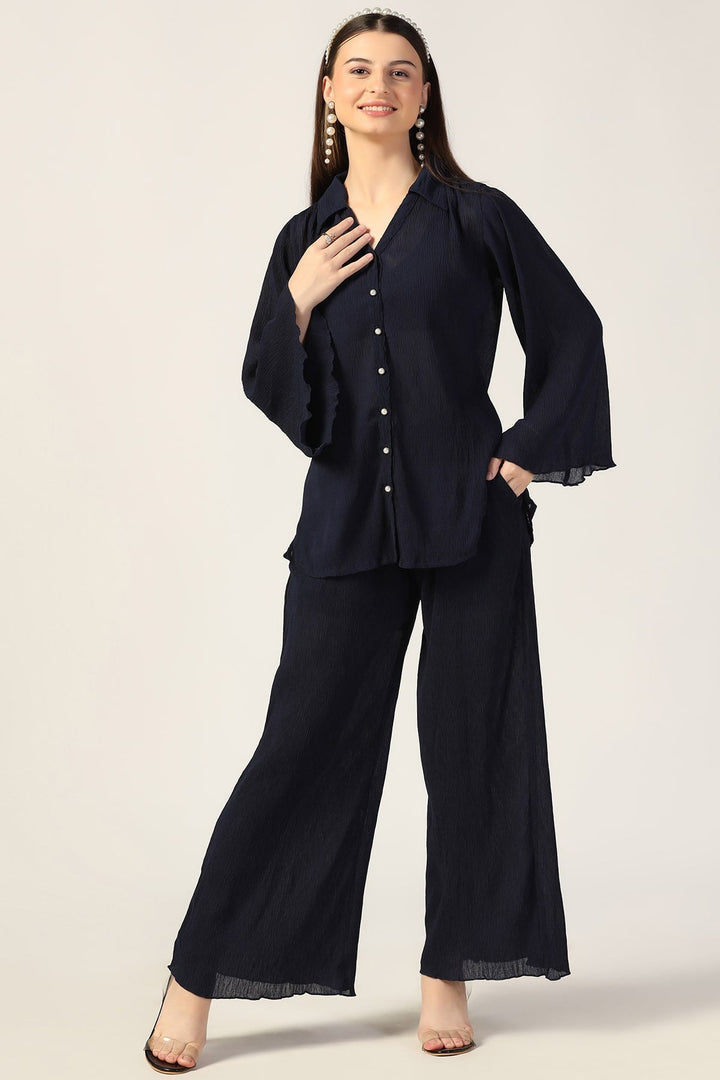 Pleated Georgette Co-Ord Top with Flared Sleeves